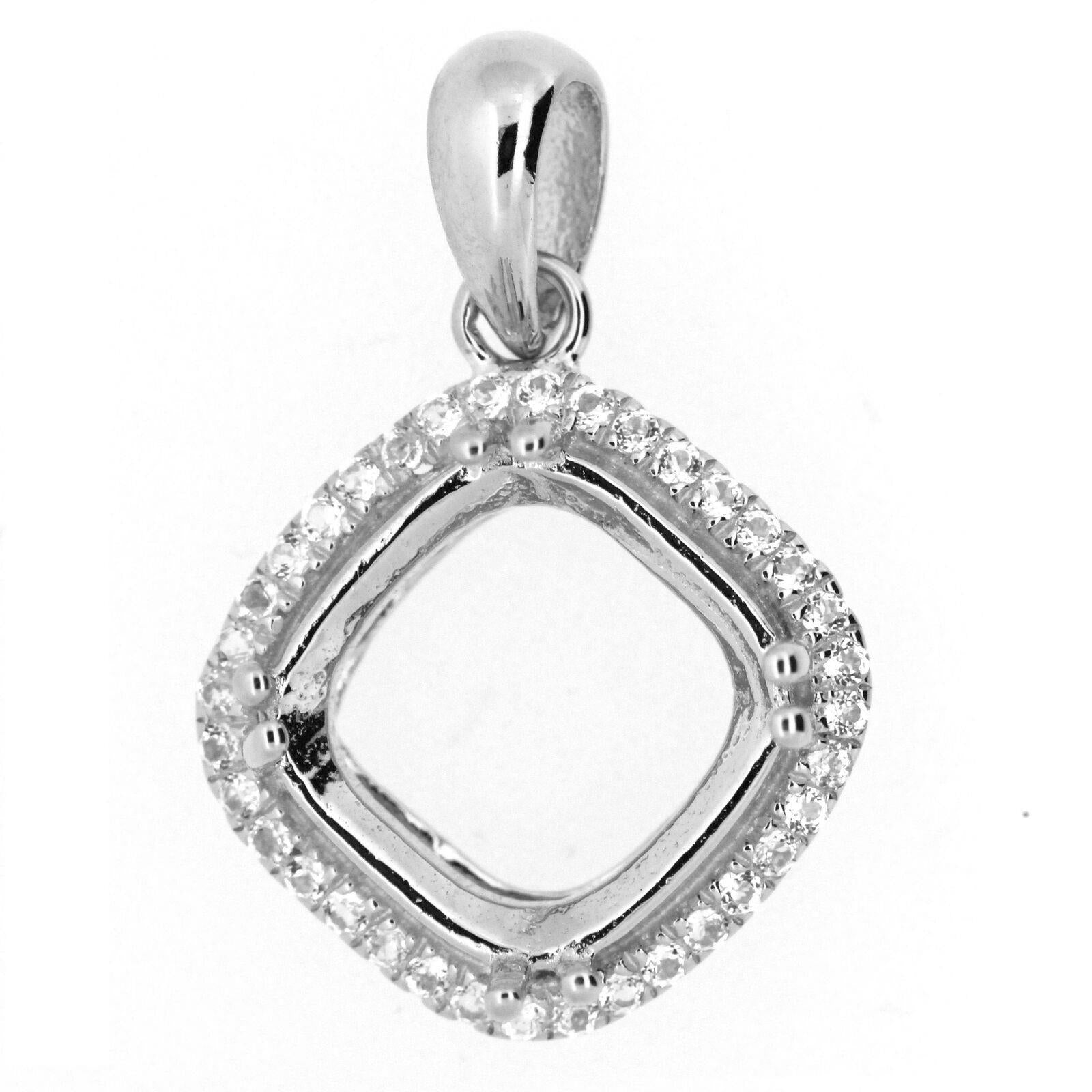 Sterling Silver Semi Mount Pendant Setting Cushion Cu 9x9mm W/ White Topaz - Syzjewelry