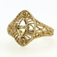 Filigree 14K Yellow Gold Semi Mount Ring Setting Trillion 4x4mm Vintage Repro - Syzjewelry