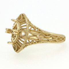 Filigree 14K Yellow Gold Semi Mount Ring Setting Trillion 4x4mm Vintage Repro - Syzjewelry