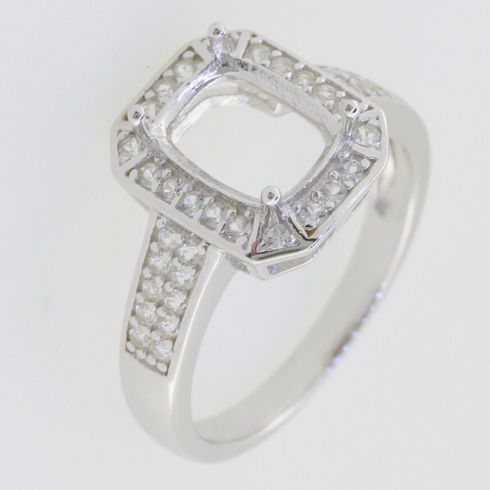 Sterling Silver Semi Mount Ring Setting Cushion CU9x7mm Halo W/ White Topaz - Syzjewelry