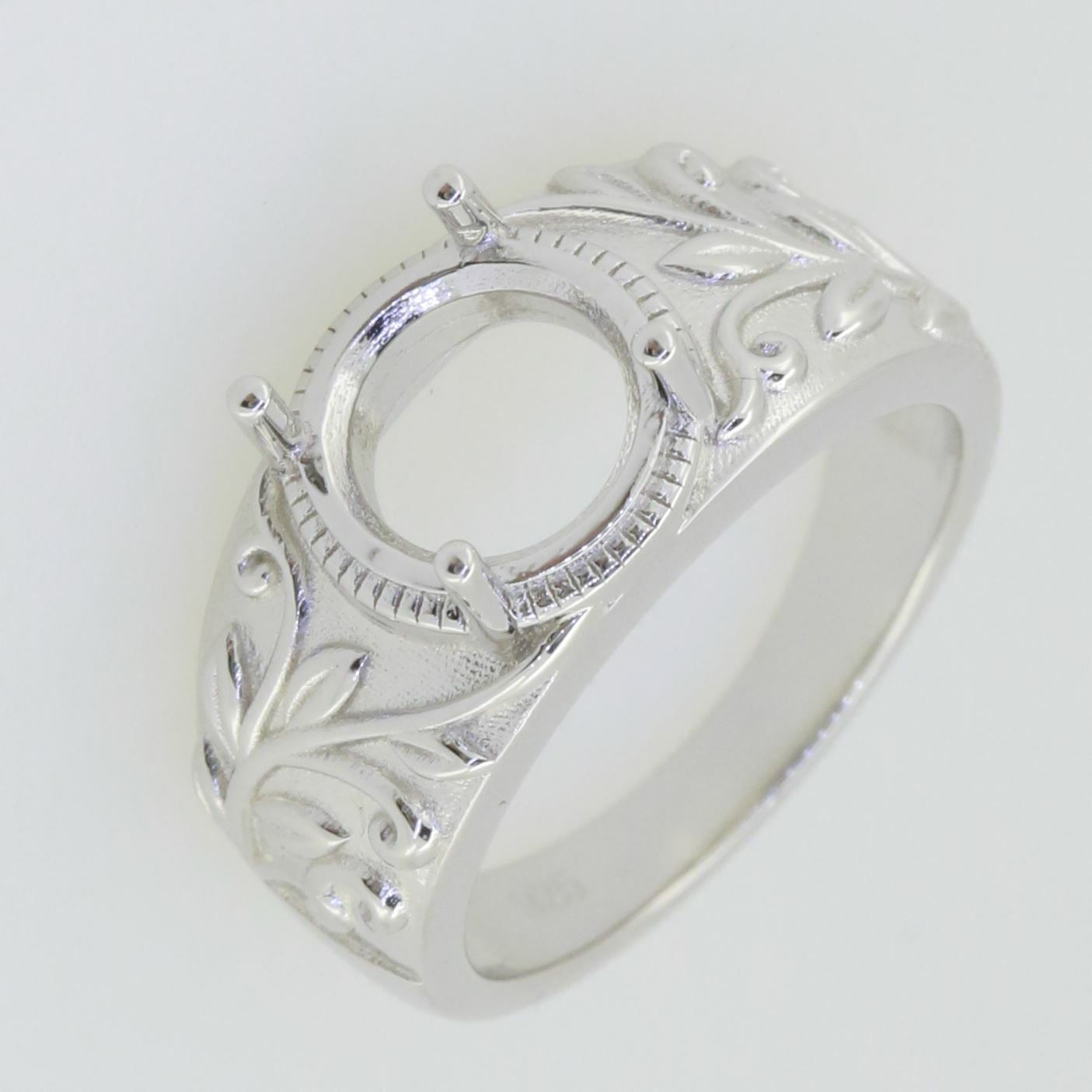 14K White Gold Semi Mount Ring Setting Round RD 9x9mm Art Nouveau Style - Syzjewelry