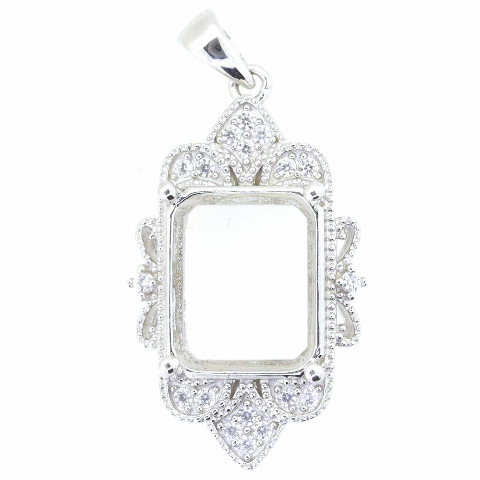 14K White Gold Semi Mount Pendant Setting OCT 12x10mm Vintage Style Milgrain - Syzjewelry