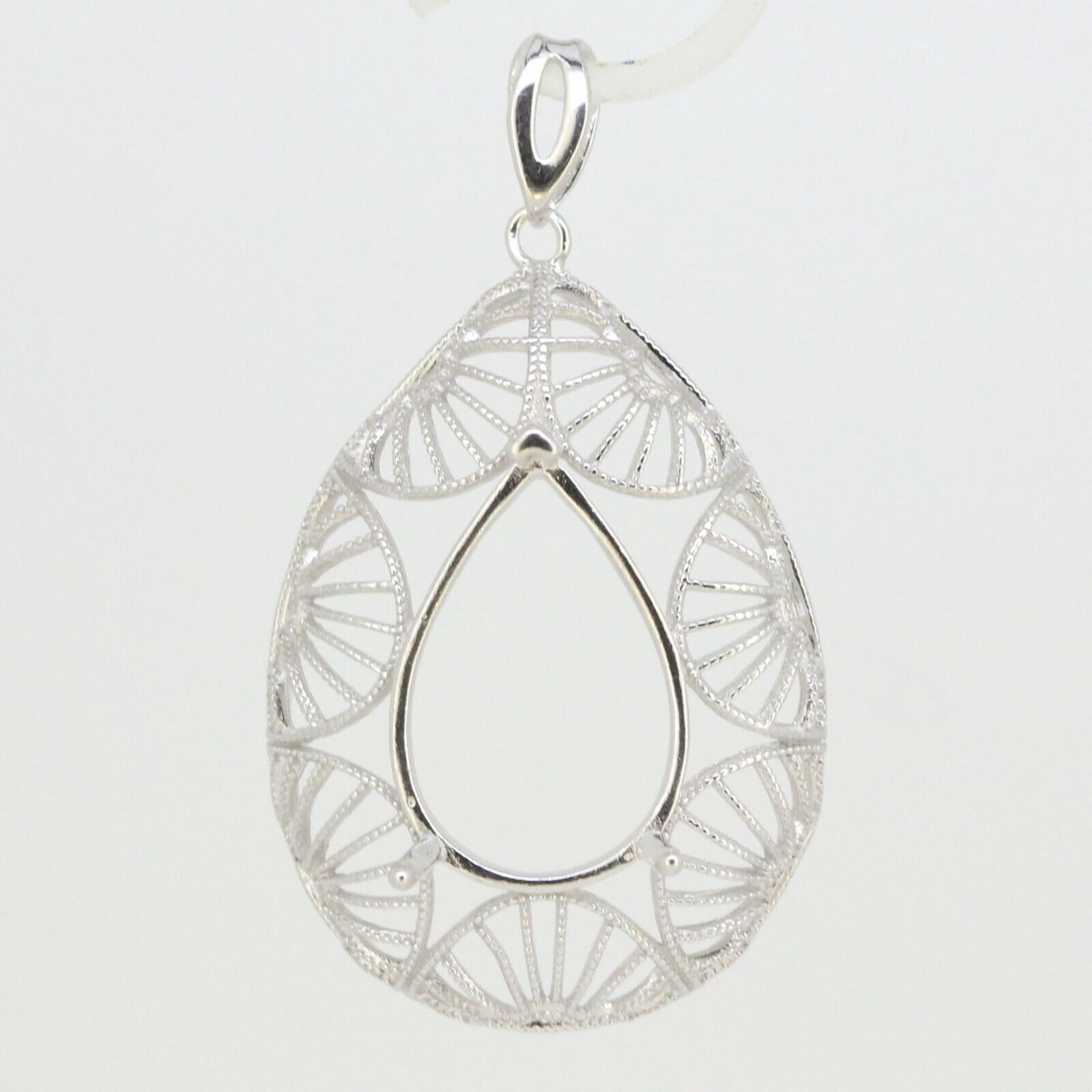 Sterling Silver Semi Mount Pendant Setting Pear Shape PE 18x13mm Filigree - Syzjewelry