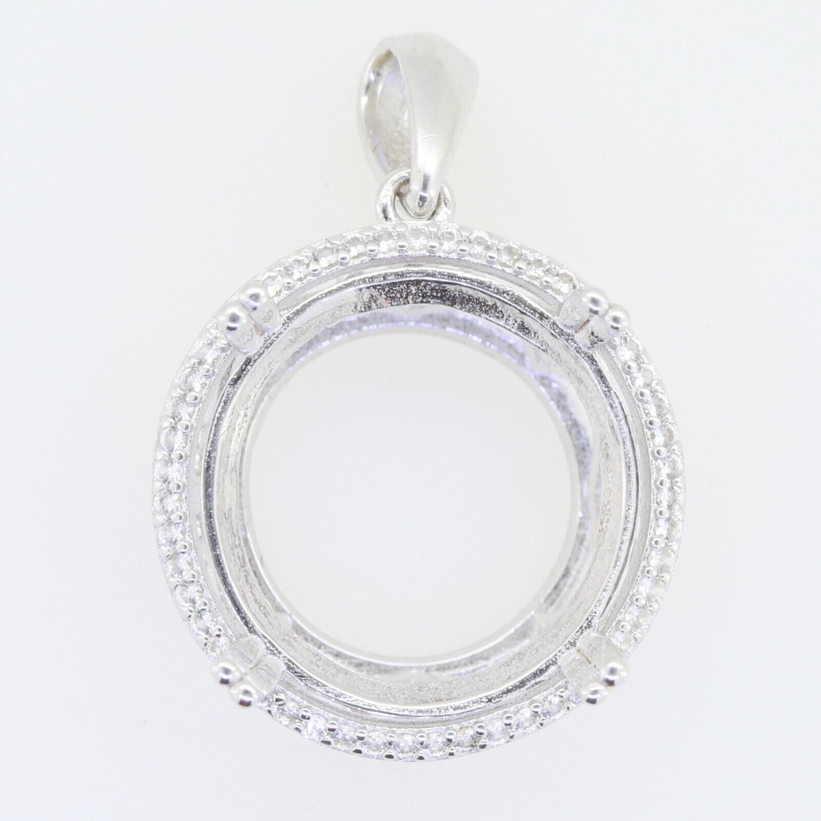 Sterling Silver Semi Mount Pendant Setting Round RD 18x18mm Halo White - Syzjewelry