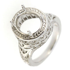 Filigree 14K White Gold Semi Mount Ring Setting Oval OV 11x9mm Art Deco Style