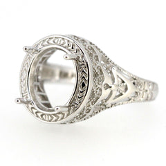 Filigree 14K White Gold Semi Mount Ring Setting Oval OV 11x9mm Art Deco Style