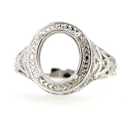 Filigree 14K White Gold Semi Mount Ring Setting Oval OV 11x9mm Art Deco Style