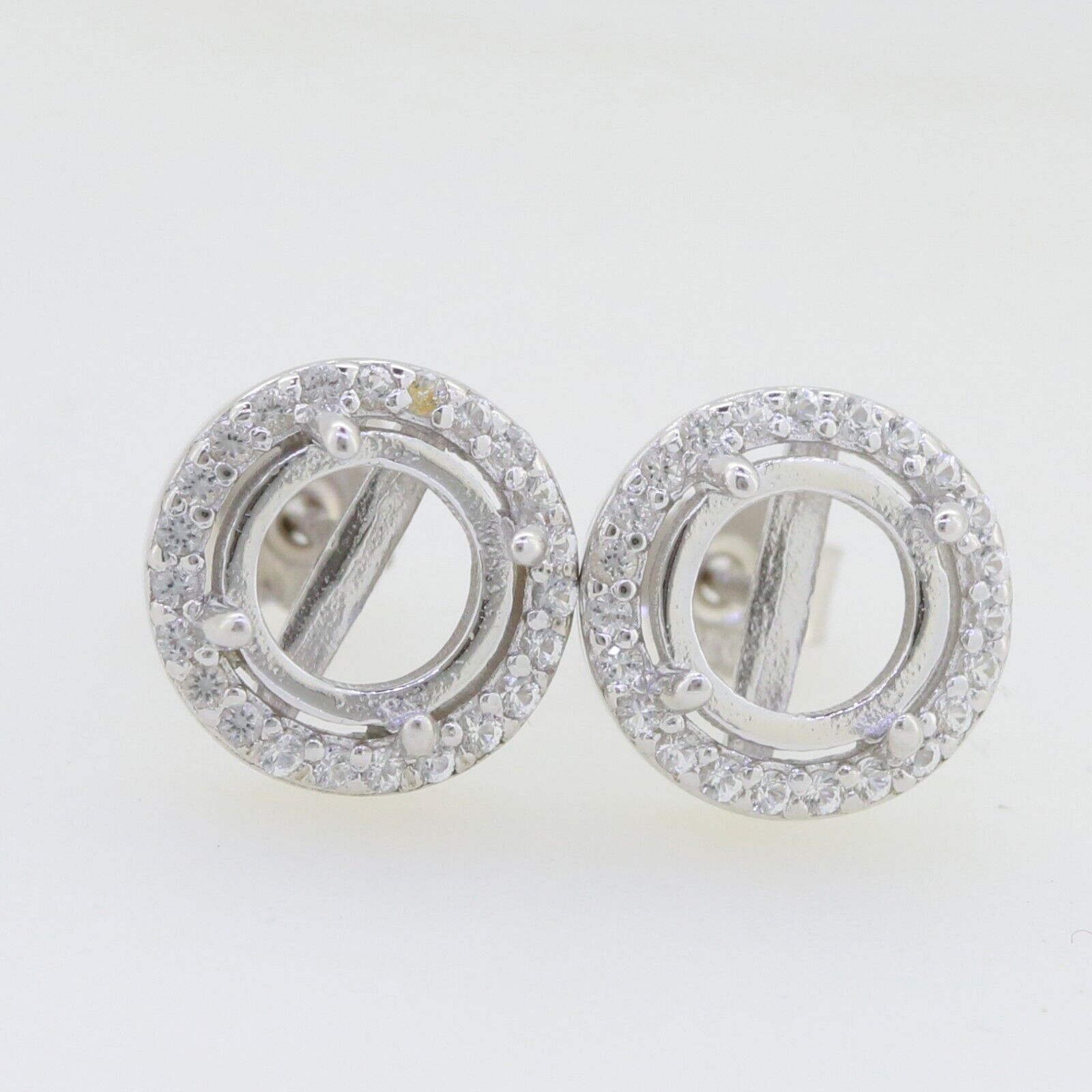 Sterling Silver Semi Mount Earrings Setting Round RD 7x7mm Halo Stud Topaz Cab - Syzjewelry