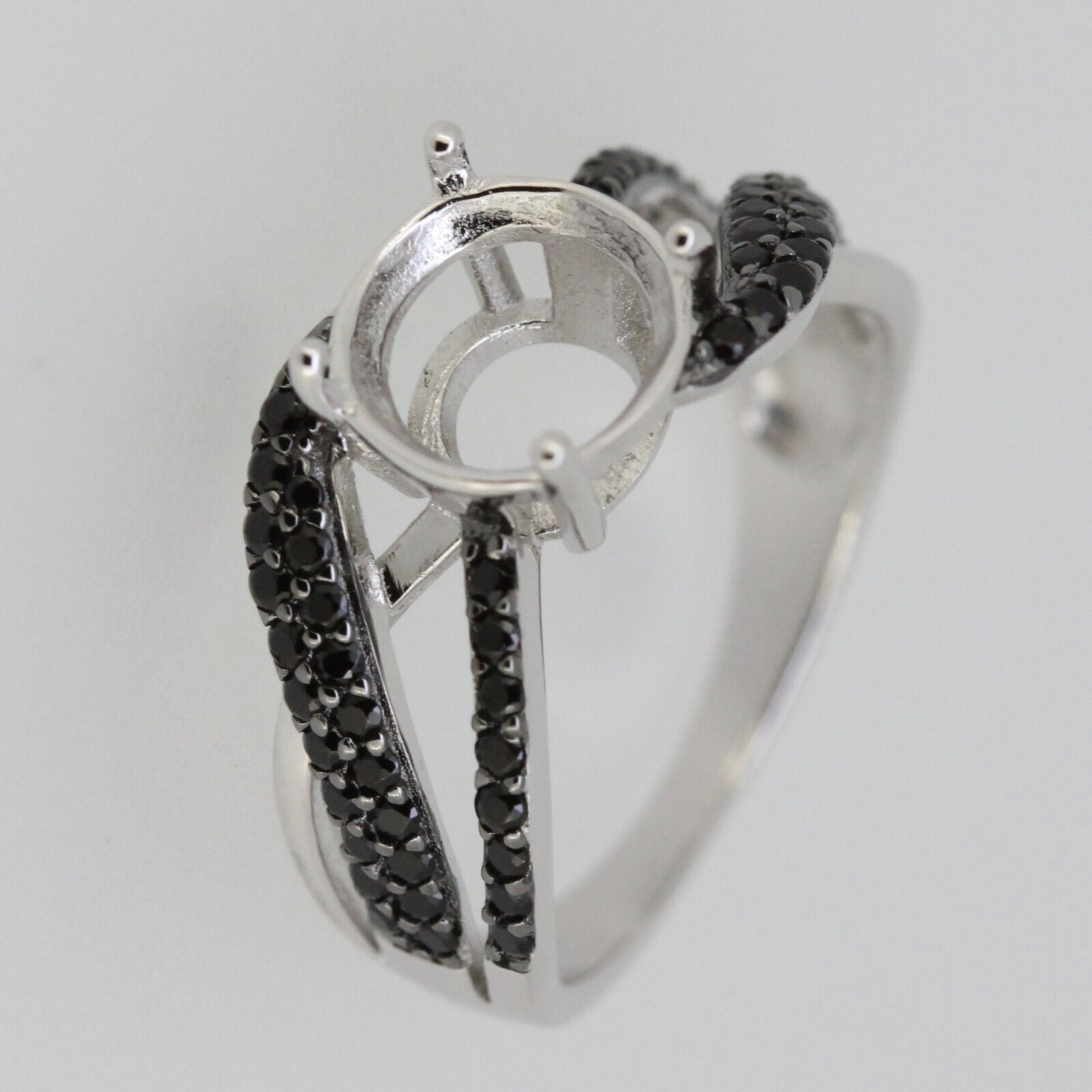 Sterling Silver Semi Mount Ring Setting Round RD 9x9mm Black Spl Wh size 7.5 - Syzjewelry