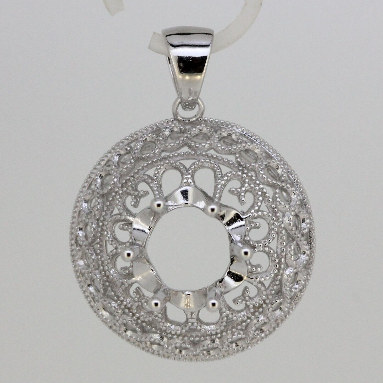 Sterling Silver Semi Mount Pendant Setting Round RD 9x9mm Milgrain Filigree - Syzjewelry