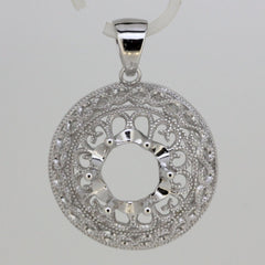 Sterling Silver Semi Mount Pendant Setting Round RD 9x9mm Milgrain Filigree - Syzjewelry