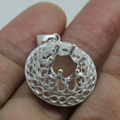 Sterling Silver Semi Mount Pendant Setting Round RD 9x9mm Milgrain Filigree - Syzjewelry