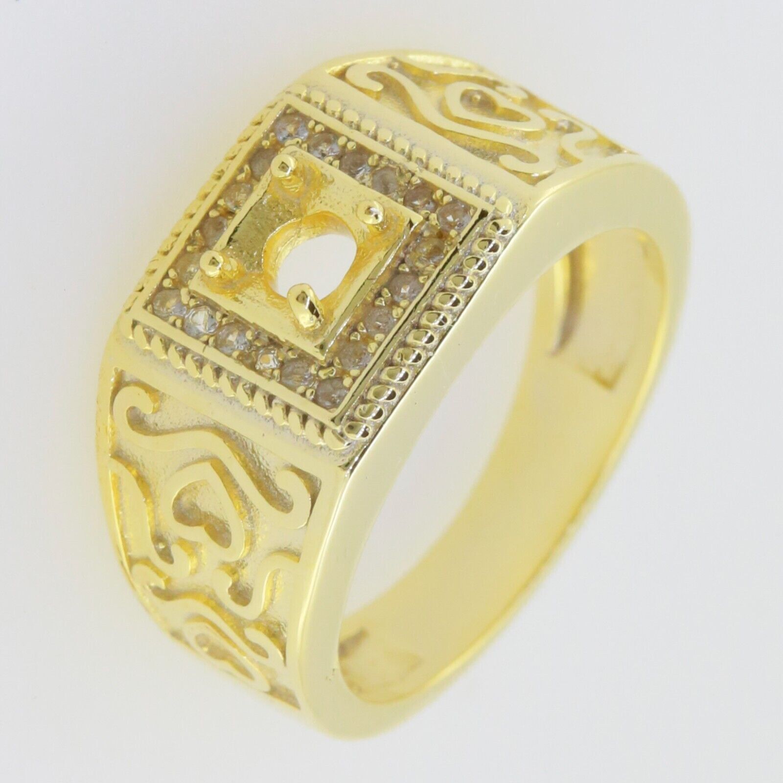 Yellow Gold Plated Semi Mount Ring Setting Round 6.5mm RD 6x6mm Men's Ring Sz 9 - Syzjewelry