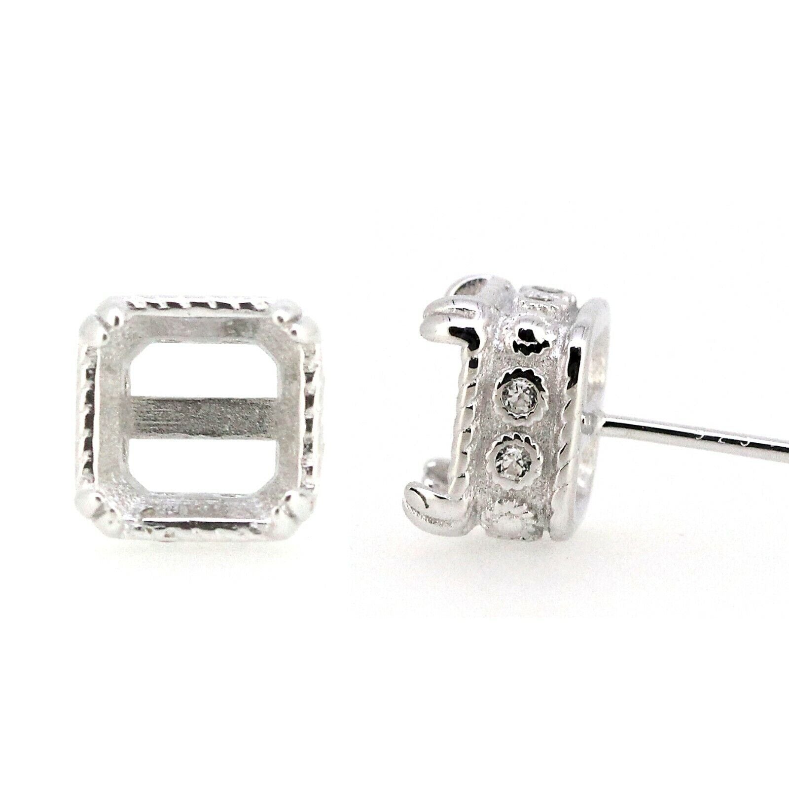 Sterling Silver Semi Mount Earrings Setting Cushion CU 8X8mm Stud milgrain - Syzjewelry