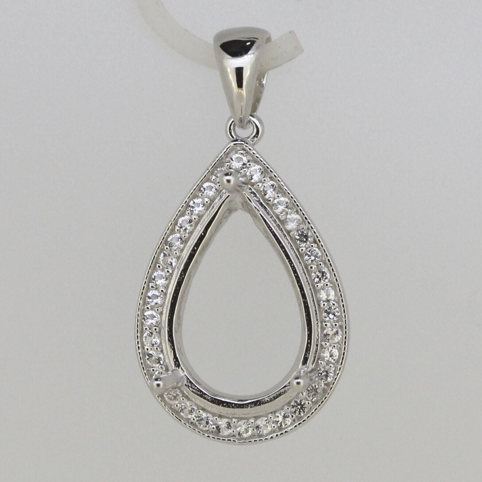 Sterling Silver Semi Mount Pendant Setting Pear PE 15x10mm Halo White Topaz - Syzjewelry