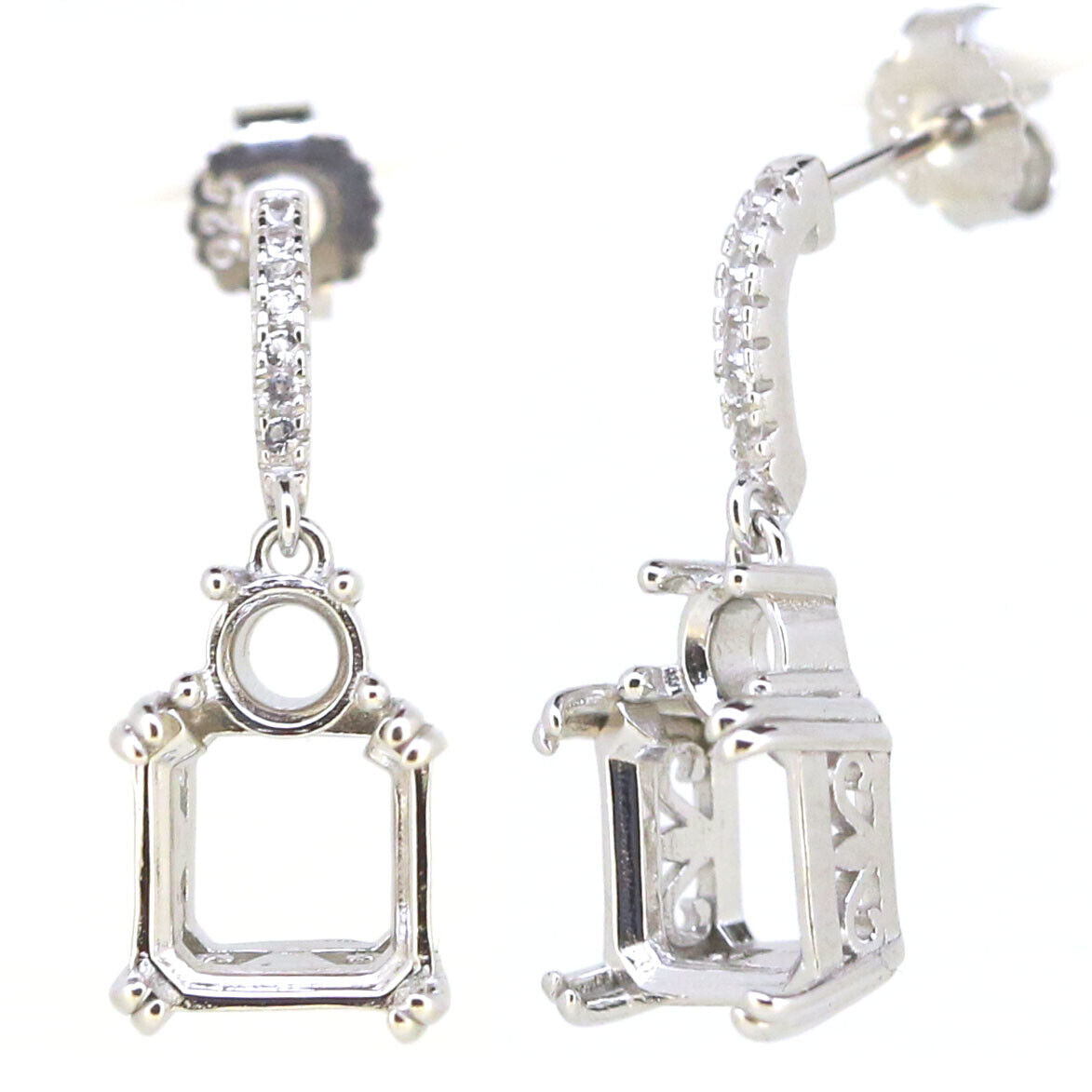 Sterling Silver Semi Mount Earrings Setting Square SQ 8x8mm RD 4x4mm Fleur De Li - Syzjewelry