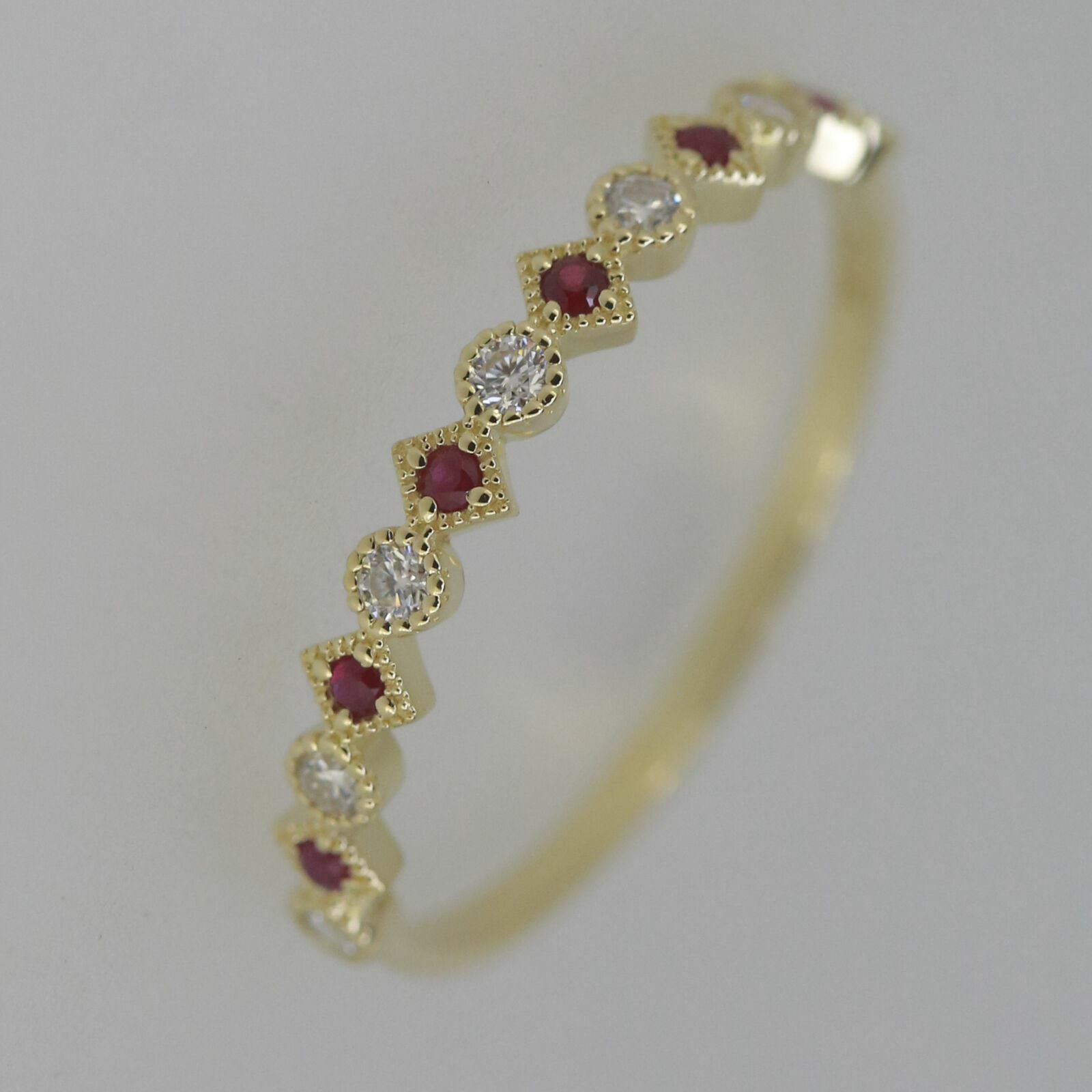 Delicate 10K Yellow Gold Natural Ruby and Moissanite Band Ring - Syzjewelry