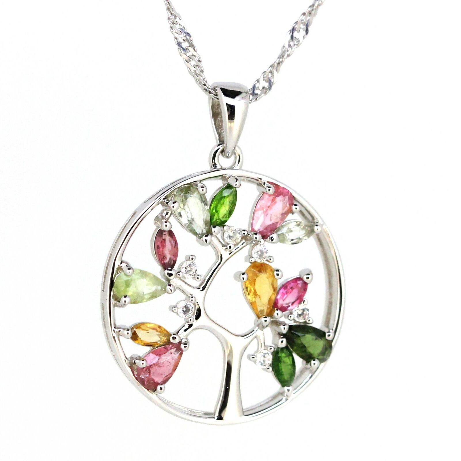 Tree of Life Necklace with Multi Color Tourmaline Sterling Silver Pend Solid - Syzjewelry