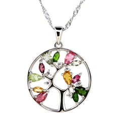 Tree of Life Necklace with Multi Color Tourmaline Sterling Silver Pend Solid - Syzjewelry