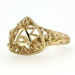 Filigree 14K Yellow Gold Semi Mount Ring Setting Trillion 6x6mm Vintage Repro - Syzjewelry