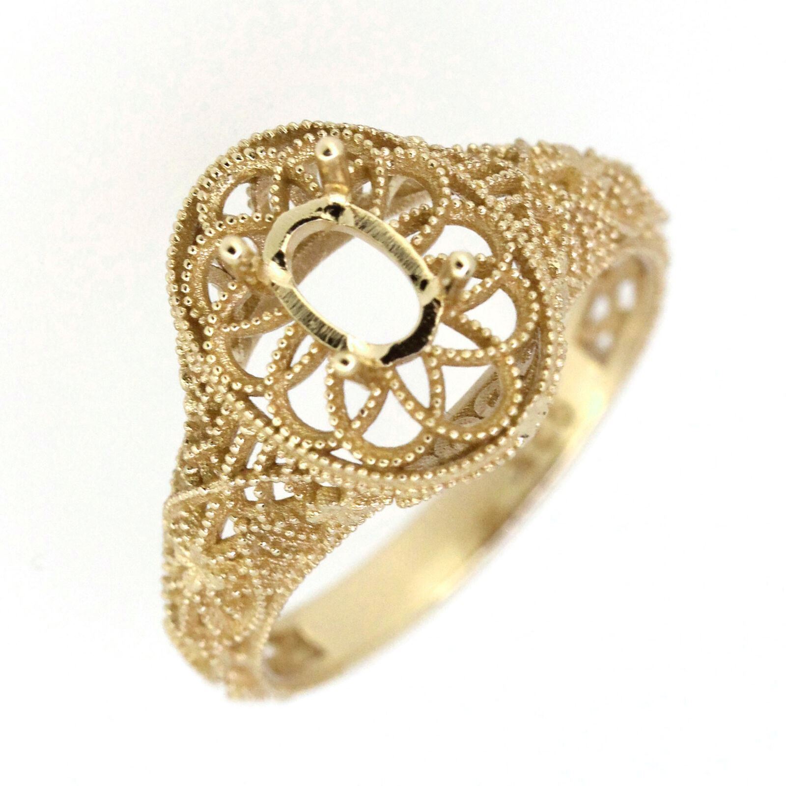 Filigree14K Yellow Gold Semi Mount Ring Setting Oval OV 6x4mm Vintage Repro Soli - Syzjewelry