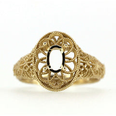 Filigree14K Yellow Gold Semi Mount Ring Setting Oval OV 6x4mm Vintage Repro Soli - Syzjewelry