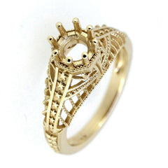 Art Deco Style 14K Yellow Gold Semi Mount Ring Setting Round RD 6x6mm Solid - Syzjewelry