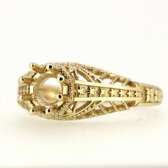 Art Deco Style 14K Yellow Gold Semi Mount Ring Setting Round RD 6x6mm Solid - Syzjewelry