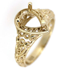 Art Nouveau Style 14K Yellow Gold Semi Mount Ring Setting Pear PE 8x6mm Solid - Syzjewelry