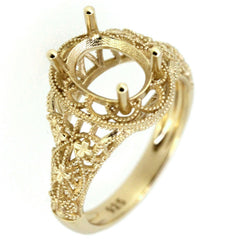 14K Yellow Gold & Diamond Semi Mount Ring Setting Oval OV 9x7mm Vintage Repro - Syzjewelry