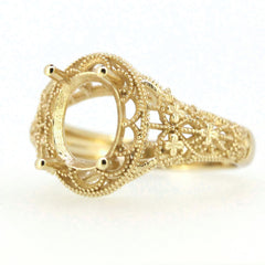 14K Yellow Gold & Diamond Semi Mount Ring Setting Oval OV 9x7mm Vintage Repro - Syzjewelry