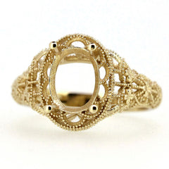 14K Yellow Gold & Diamond Semi Mount Ring Setting Oval OV 9x7mm Vintage Repro - Syzjewelry