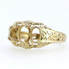 14K Yellow Gold Semi Mount Ring Setting Oval OV 7x5 6x4mm 3 Stone Vintage Repro - Syzjewelry