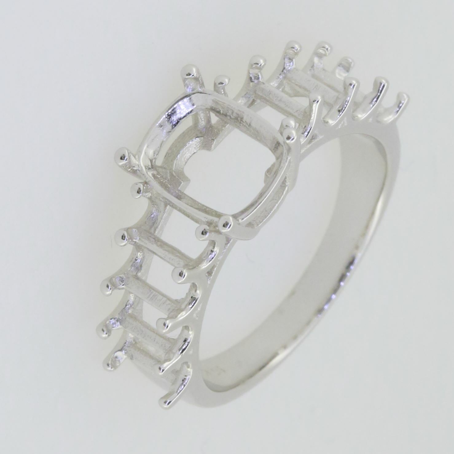 Sterling Silver Semi Mount Ring Setting Cushion CU 9x7mm OCT 5x3mm 9 Stones - Syzjewelry