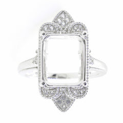 14K White Gold Semi Mount Ring Setting Emeral OCT 12x10mm Milgrain Vintage Styl - Syzjewelry