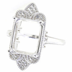 14K White Gold Semi Mount Ring Setting Emeral OCT 12x10mm Milgrain Vintage Styl - Syzjewelry