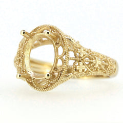 14K Yellow Gold & Diamond Semi Mount Ring Setting Oval OV 9x7mm Vintage Style - Syzjewelry