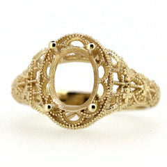 14K Yellow Gold & Diamond Semi Mount Ring Setting Oval OV 9x7mm Vintage Style - Syzjewelry