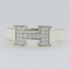 Letter H Melee Moissanite Sterling Silver Band Ring Enamel Adjustable Size - Syzjewelry