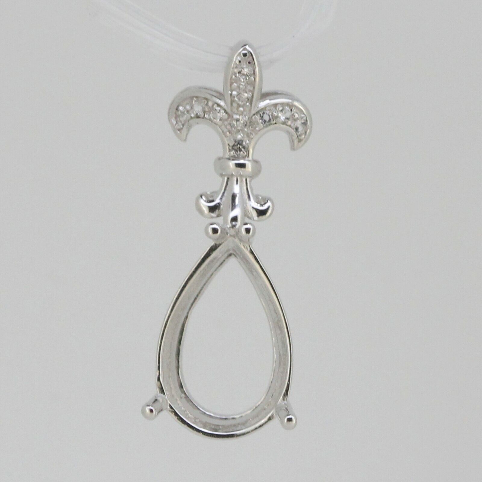 Sterling Silver Semi Mount Pendant Setting Pear PE 14x10mm Fleur Di Lis - Syzjewelry